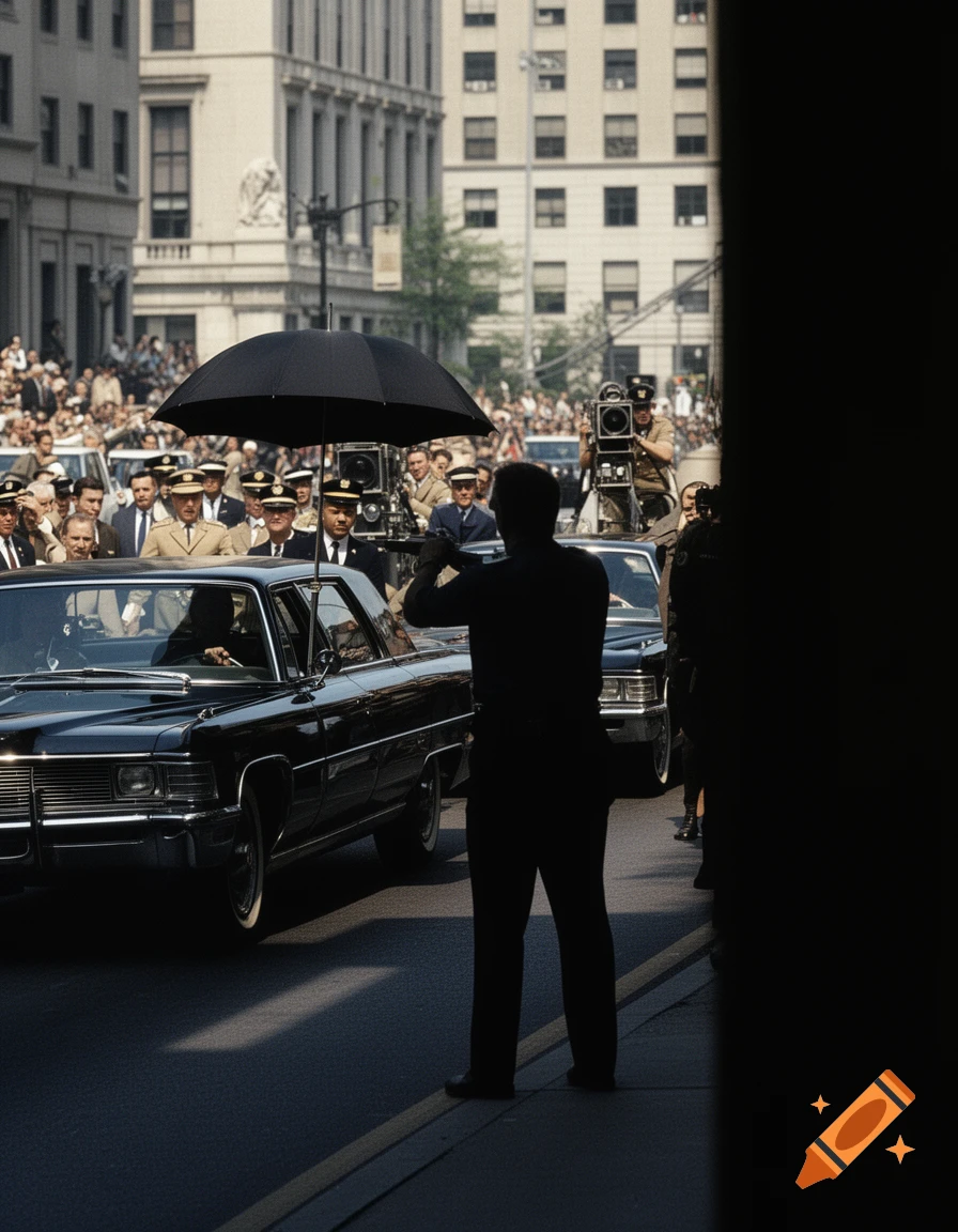 Photorealistic historical scene of a motorcade with a dark car, crowd, and police officers on a city street.