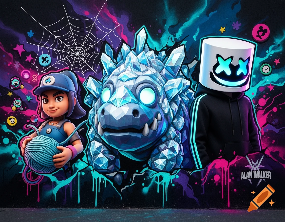 Urban graffiti wall art featuring a crystalline creature, a female character with yarn, and Marshmello with Alan Walker.