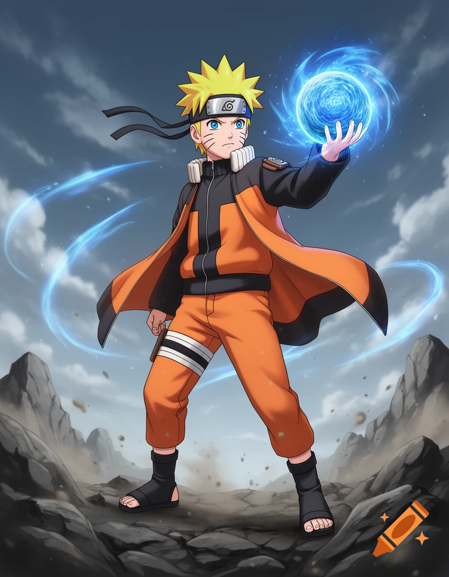 Anime illustration of Naruto standing on rocky terrain while holding a glowing blue chakra sphere, with swirling wind around him.