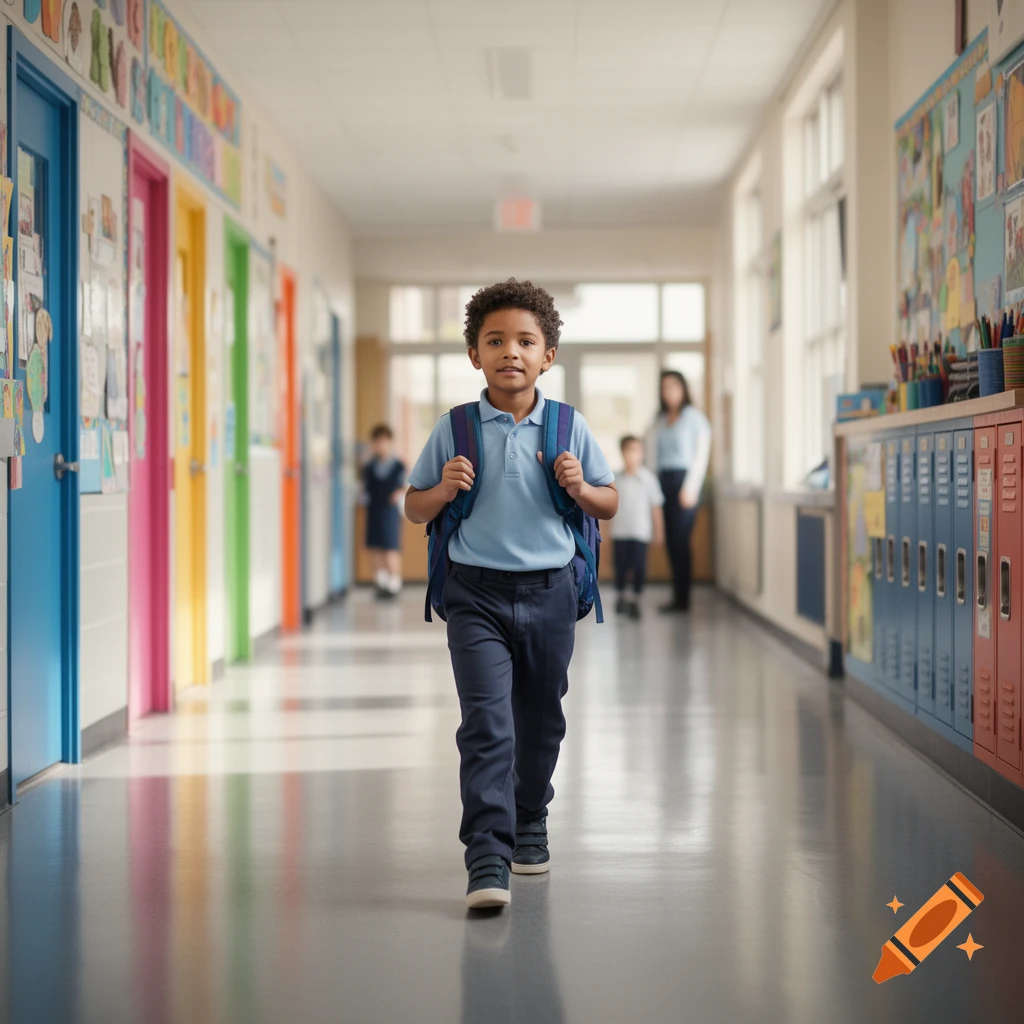 A young boy with a backpack walks down a school hallway.