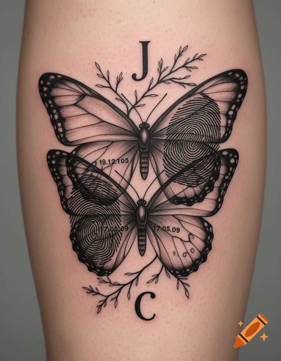 Black and grey tattoo of two overlapping butterflies with incorporated fingerprints and dates, flanked by leaves and the letters J and C.