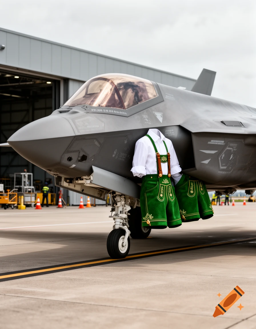 An F-35 fighter jet parked on a runway, humorously wearing green lederhosen and a white Bavarian shirt, photorealistic.