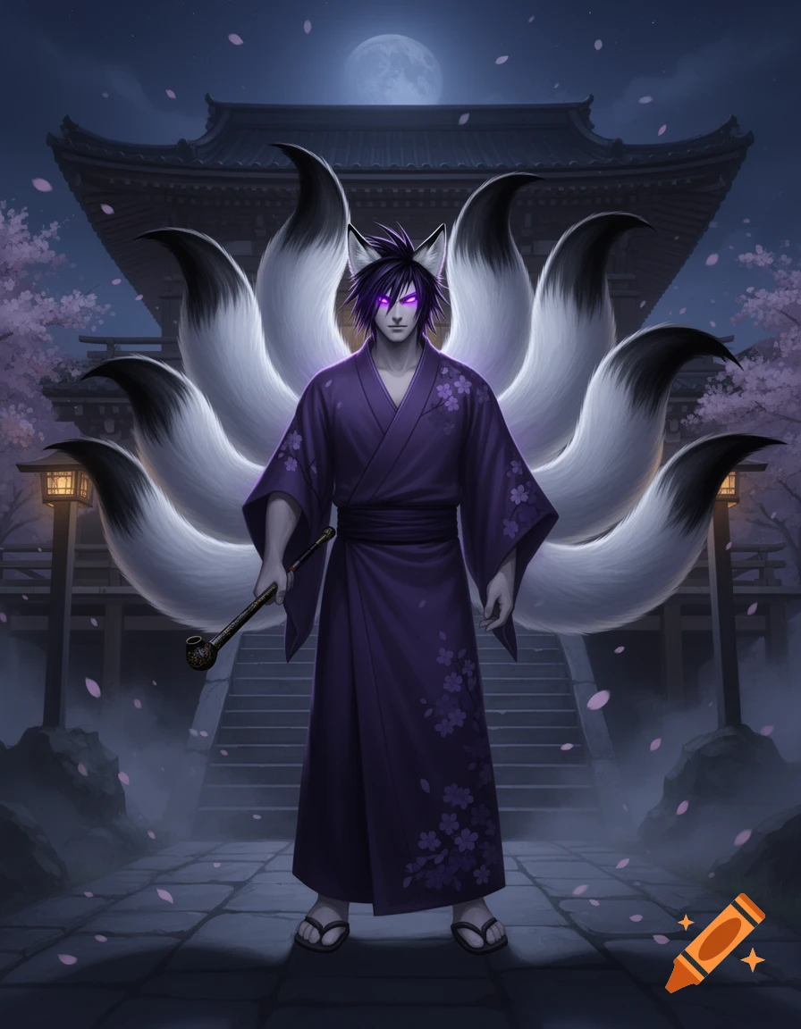 Digital illustration of a male kitsune with nine tails, glowing purple eyes, and a traditional yukata in front of a temple at night.