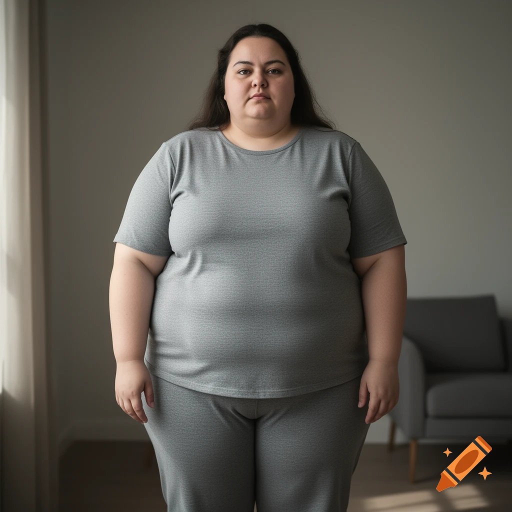 Photorealistic portrait of a woman standing indoors wearing grey loungewear.