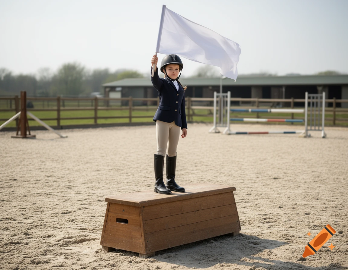 Photorealistic image of a young girl in an equestrian outfit standing on a wooden mounting block in a riding arena holding a white flag.