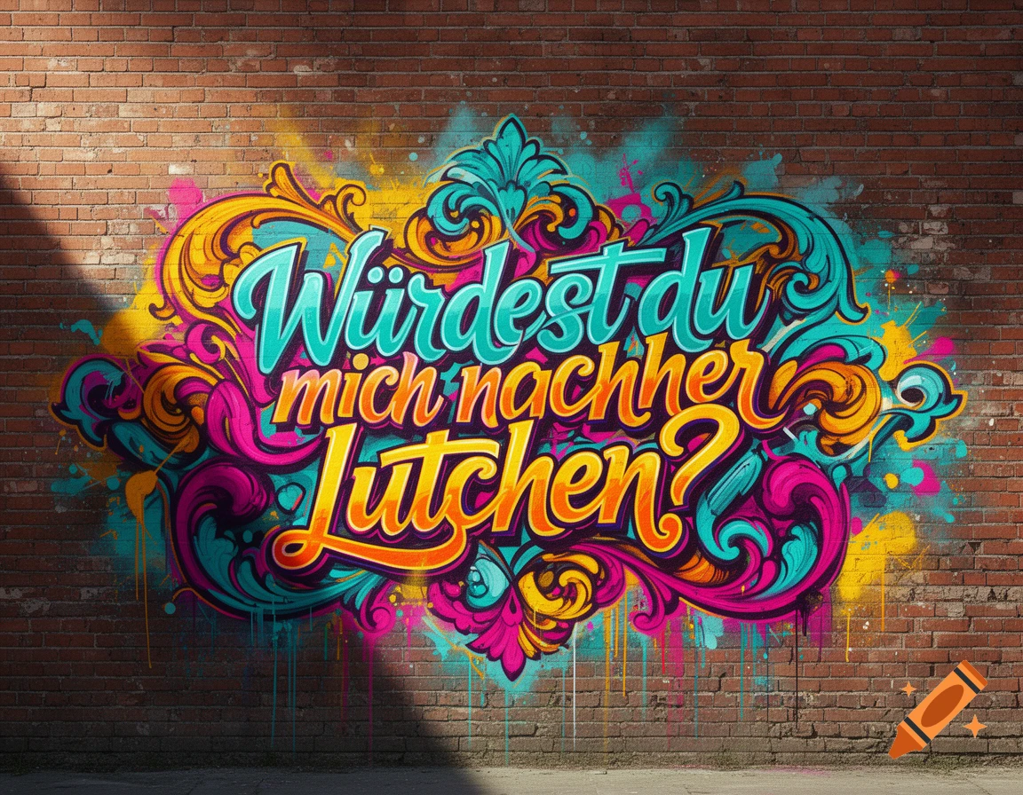 Colorful ornate graffiti lettering on a red brick wall with text reading 'Würdest du mich nachher lutschen?'