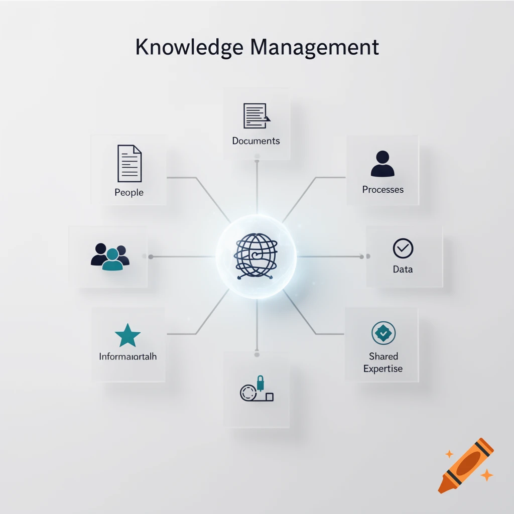 Minimalist diagram about knowledge management with interconnected nodes on light background.