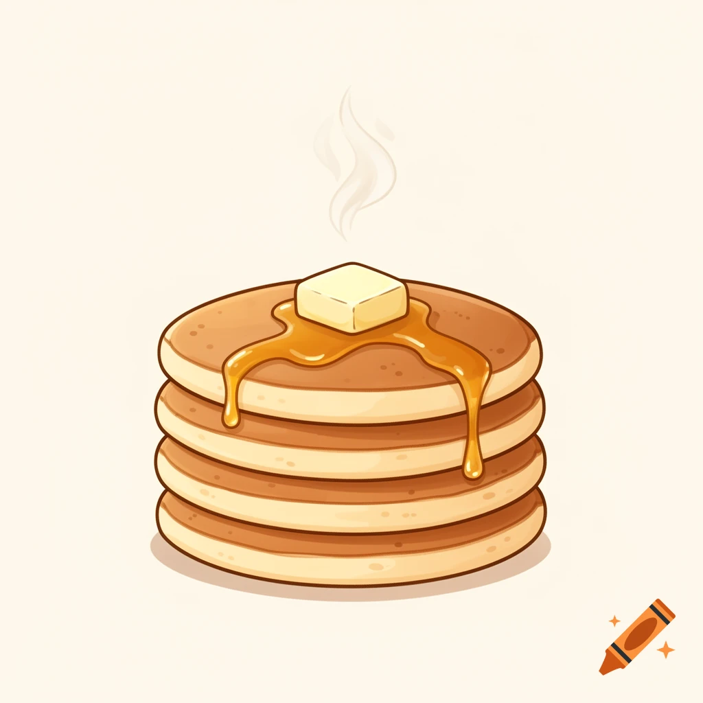 A simple drawing of a stack of pancakes with melting butter and syrup, emitting steam, on a plain background.