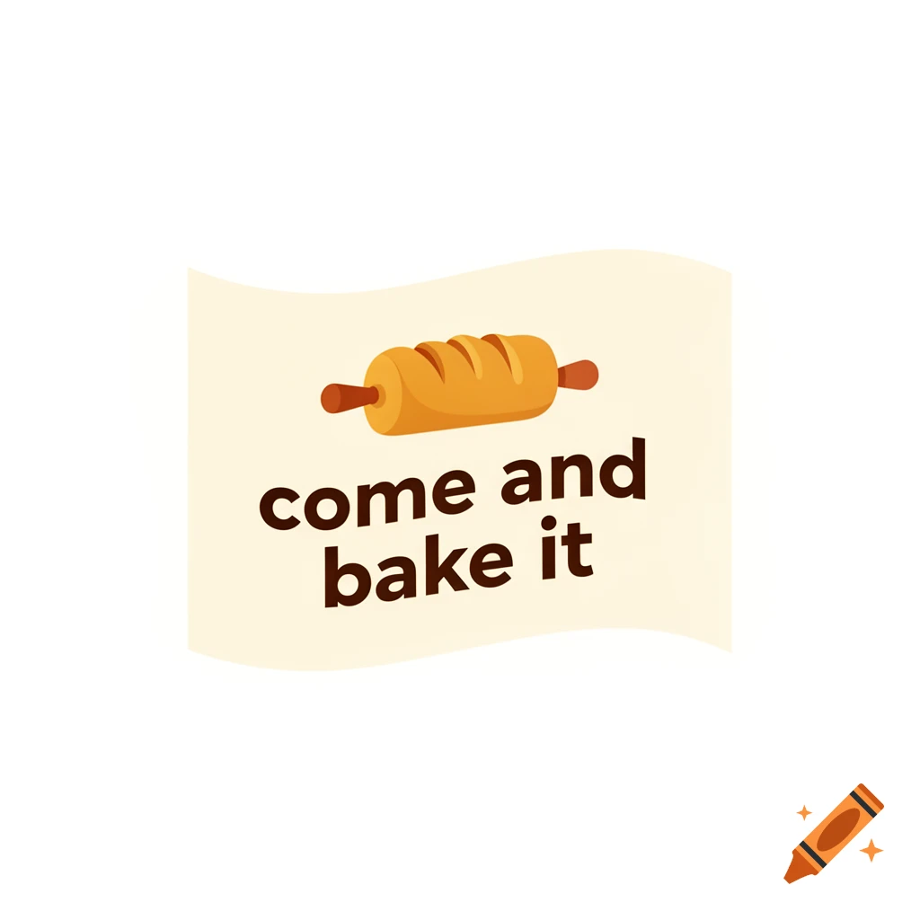 A cream-colored waving flag illustration featuring a rolling pin above the text "come and bake it" in brown.