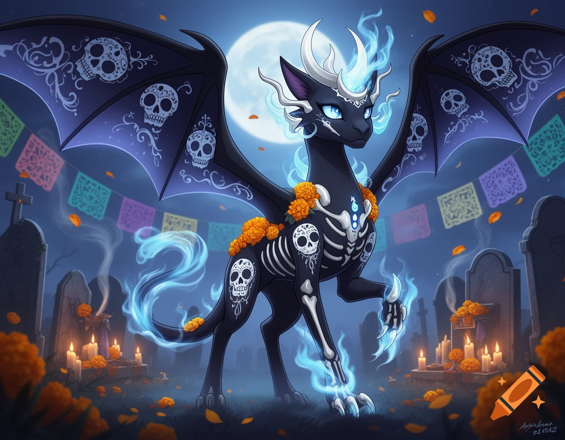 Digital art of a black dragon-cat creature with skeletal markings, wings, and blue fire in a moonlit cemetery.