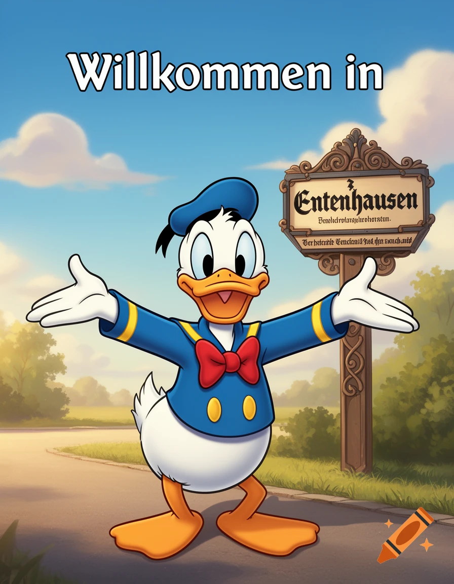Donald Duck standing on a road in cartoon style, with welcoming arms spread wide in front of a town sign.