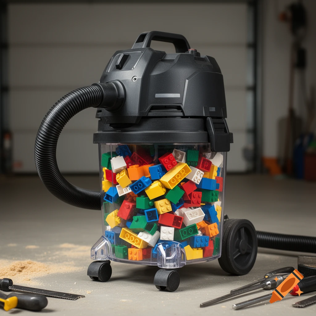 Photorealistic shop vacuum with a clear plastic base filled with multicolored plastic building bricks in a garage.