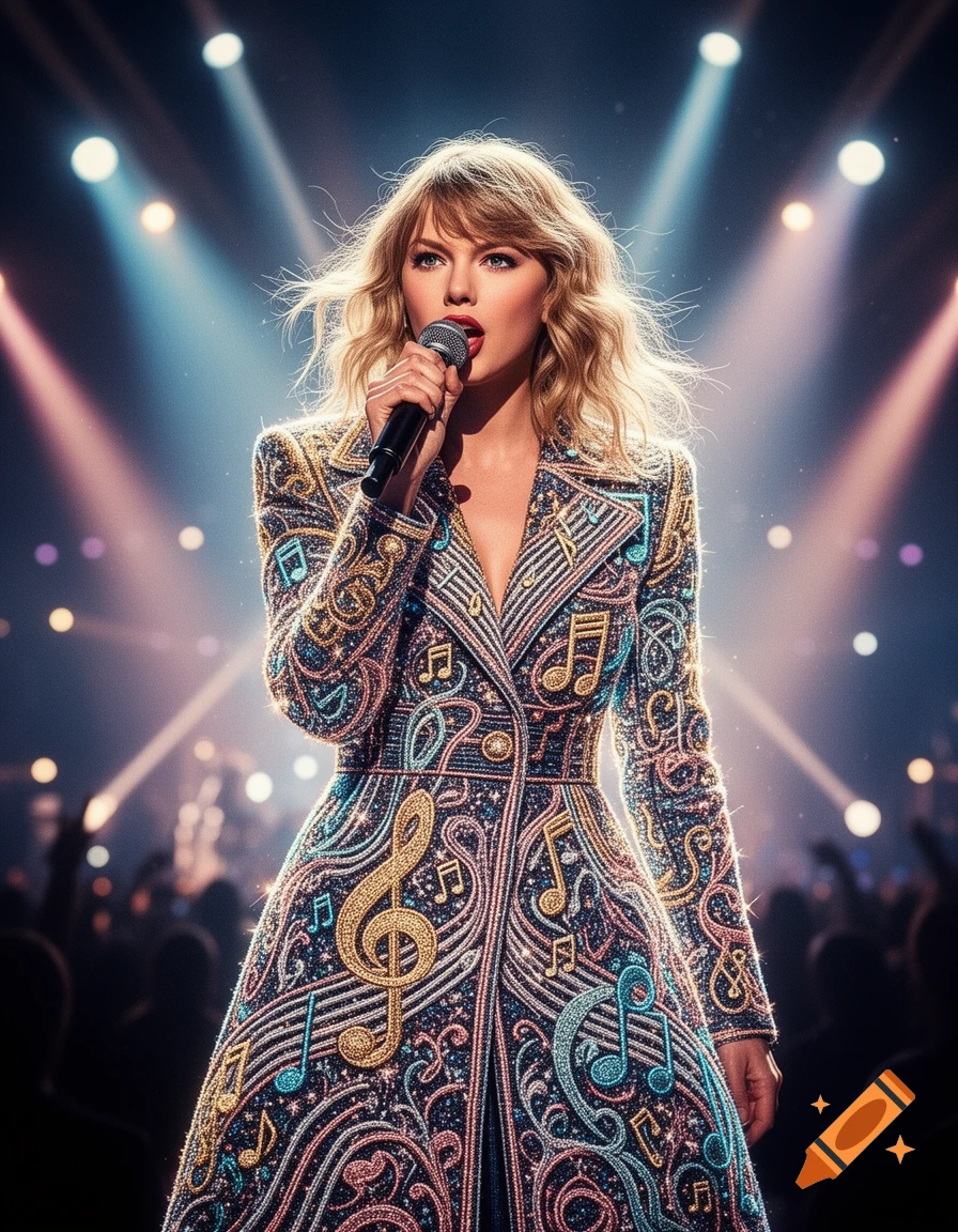 Portrait of Taylor Swift on stage holding a microphone, wearing an intricately embroidered glowing coat, concert lighting background.