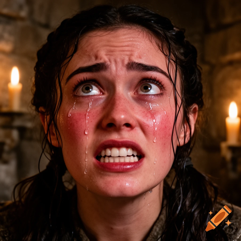 Close-up photorealistic portrait of a young woman with wet hair and flushed face, crying in pain with wide eyes in a candlelit room.