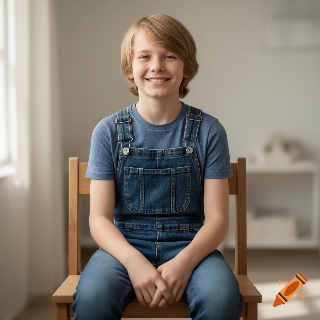 Photorealistic portrait of a smiling 13-year-old boy with medium-length fair hair, sitting on a wooden chair wearing denim overalls.