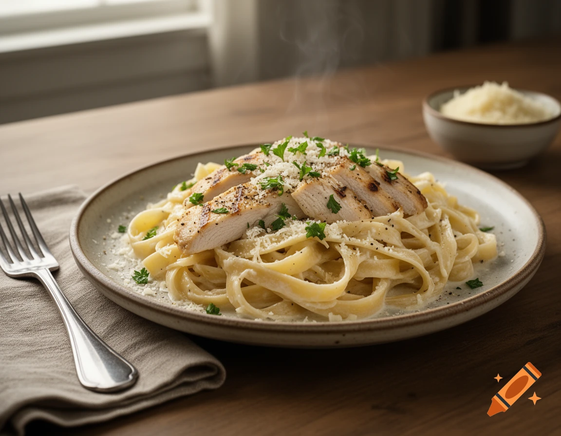 Close-up of a plate of fettuccine alfredo topped with grilled chicken and fresh parsley on a wooden table.