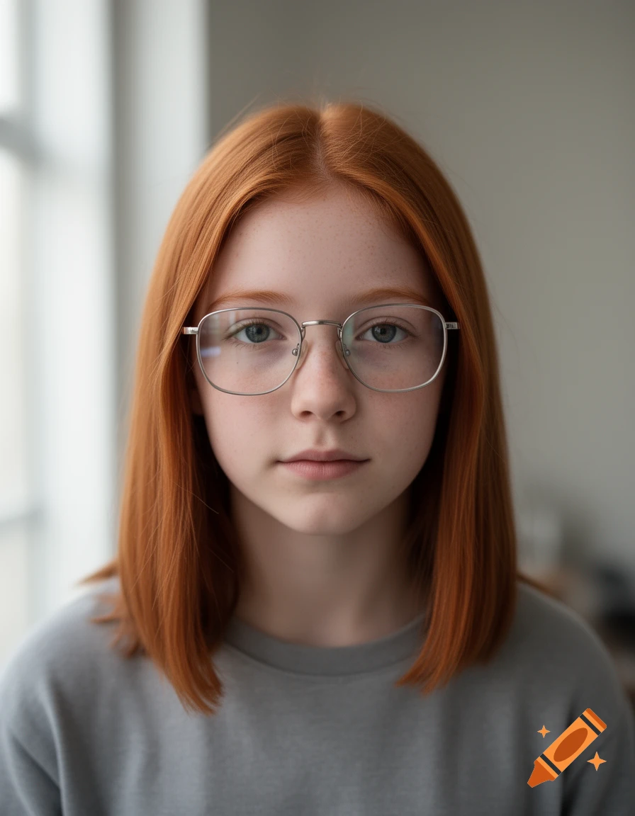 Photorealistic portrait of a young woman with red hair and glasses.