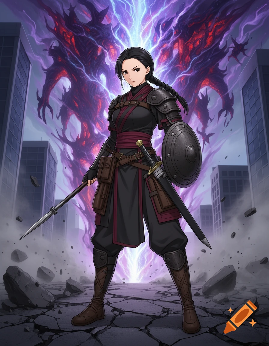 Anime style full body portrait of a female warrior in black and maroon armor wielding a spear and shield, with a mystical monster rift background in a ruined city.