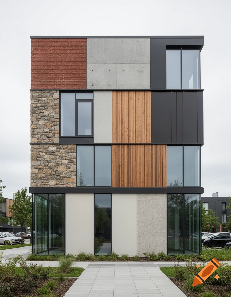 Photorealistic image of a modern building facade featuring a mix of red brick, concrete, wood panels, stone, and large glass windows.