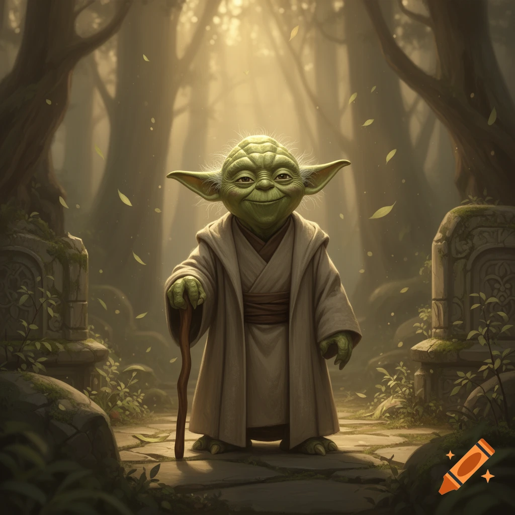 Yoda smiling in a mystical forest with stone structures, digital art style.
