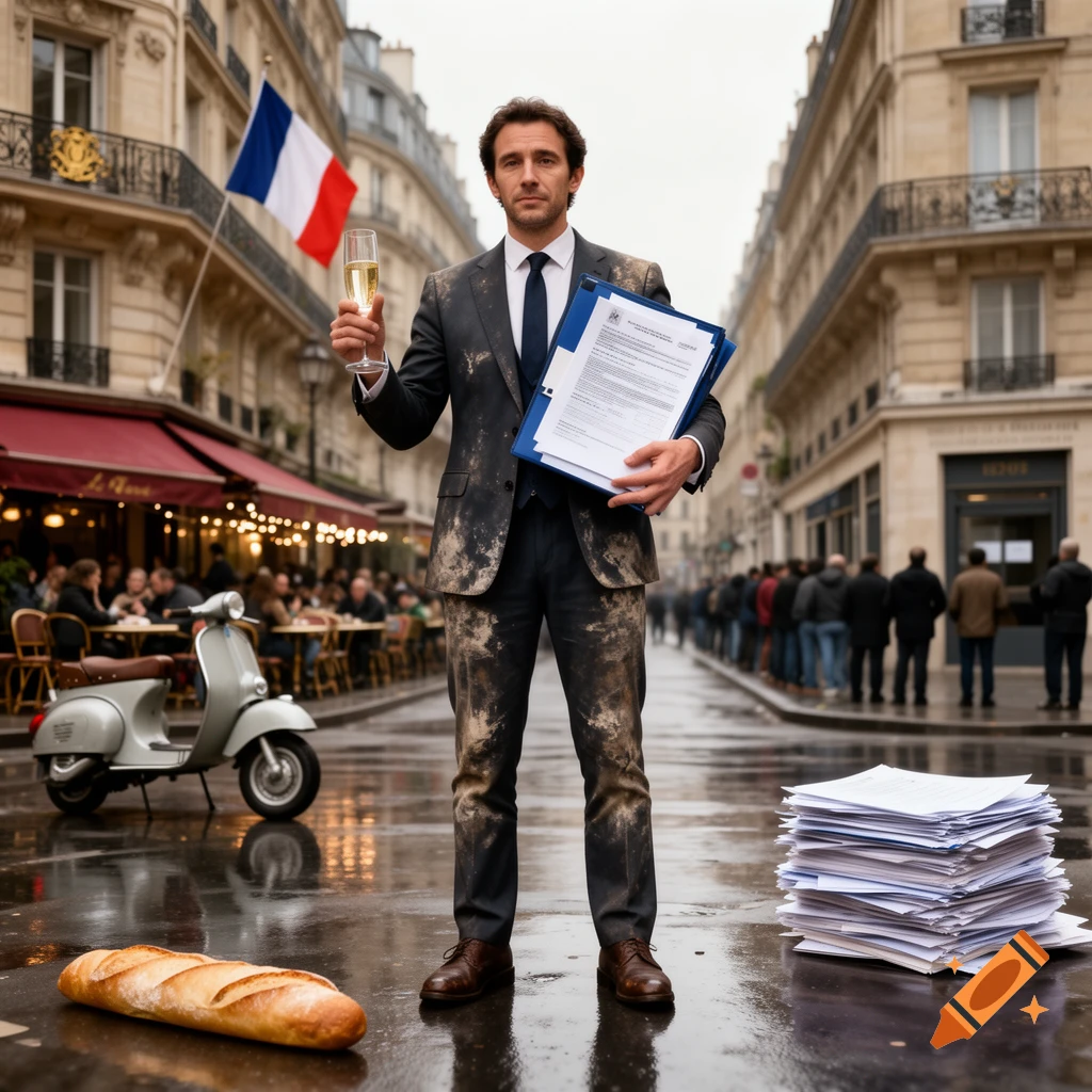 Photorealistic satirical scene of a disheveled businessman holding a champagne flute and a stack of papers on a wet Parisian street.