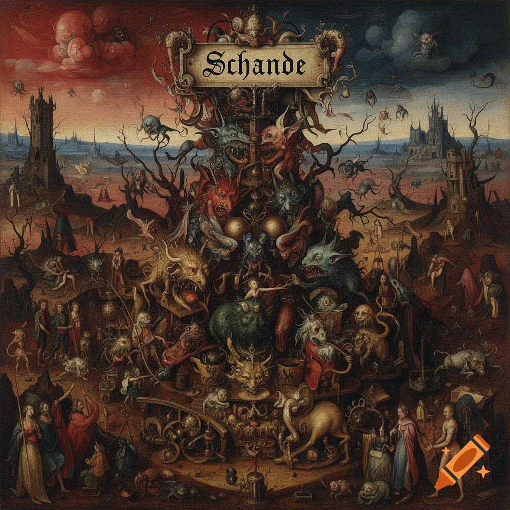 Surrealist painting in the style of Hieronymus Bosch featuring grotesque creatures, a central tower, and the word Schande at the top.