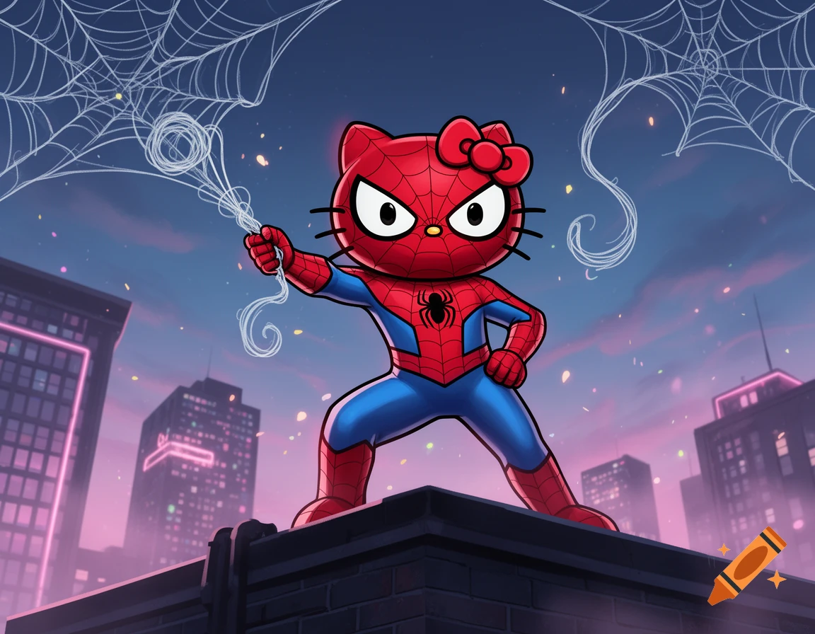 A cartoon cat dressed in a Spider-Man costume striking a heroic pose on a rooftop at sunset.