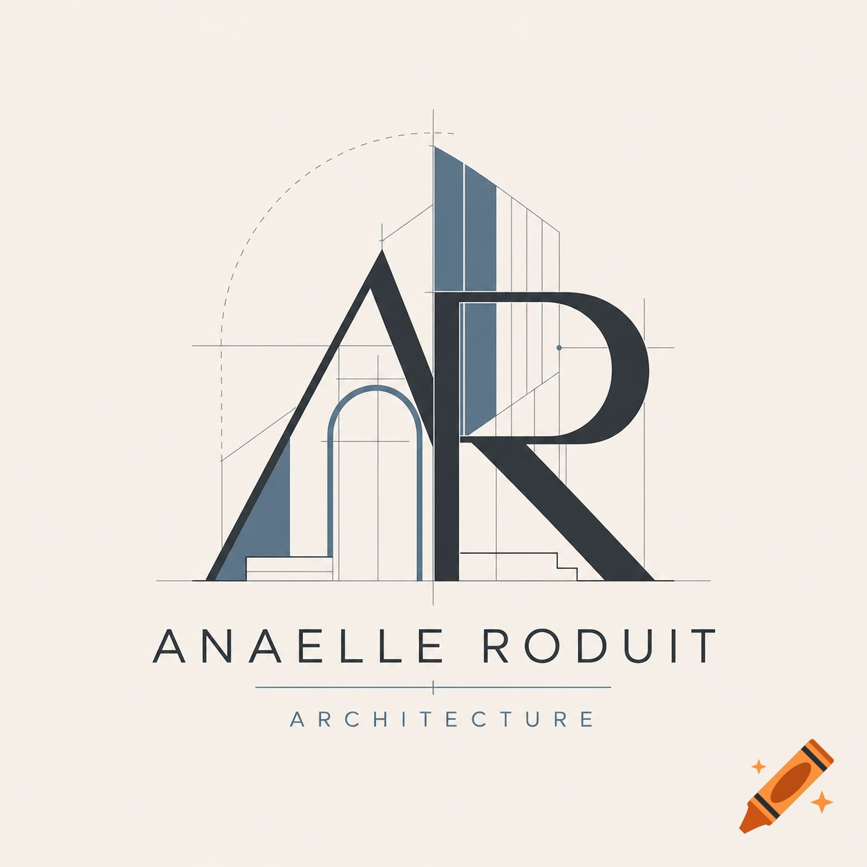 Architectural logo design featuring the initials AR with blueprint lines and the text ANAELLE RODUIT ARCHITECTURE.