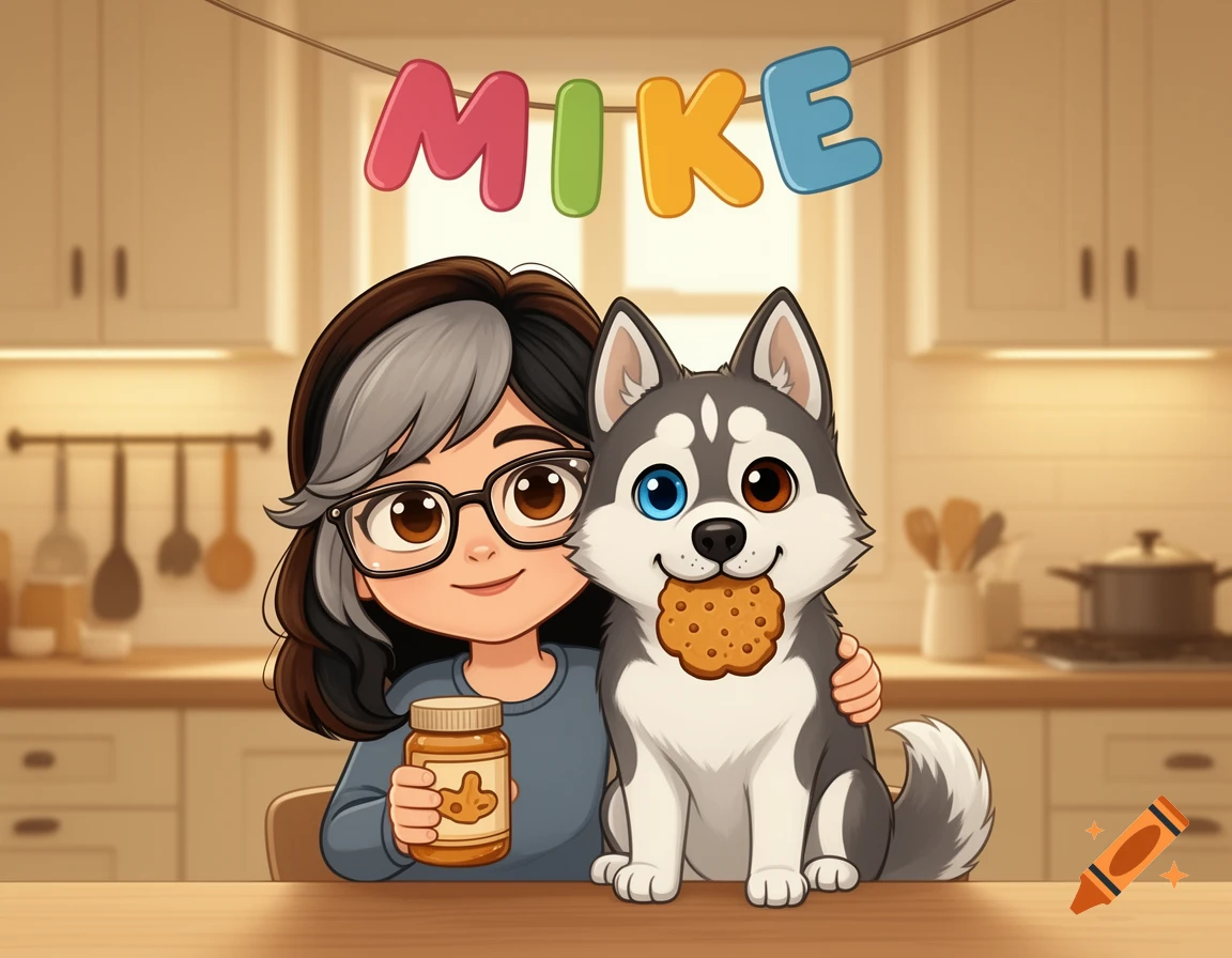 Digital cartoon illustration of a woman with gray-streaked hair and glasses holding a peanut butter jar, sitting next to a husky holding a cookie in its mouth, with a banner reading 'MIKE' in a kitchen setting.