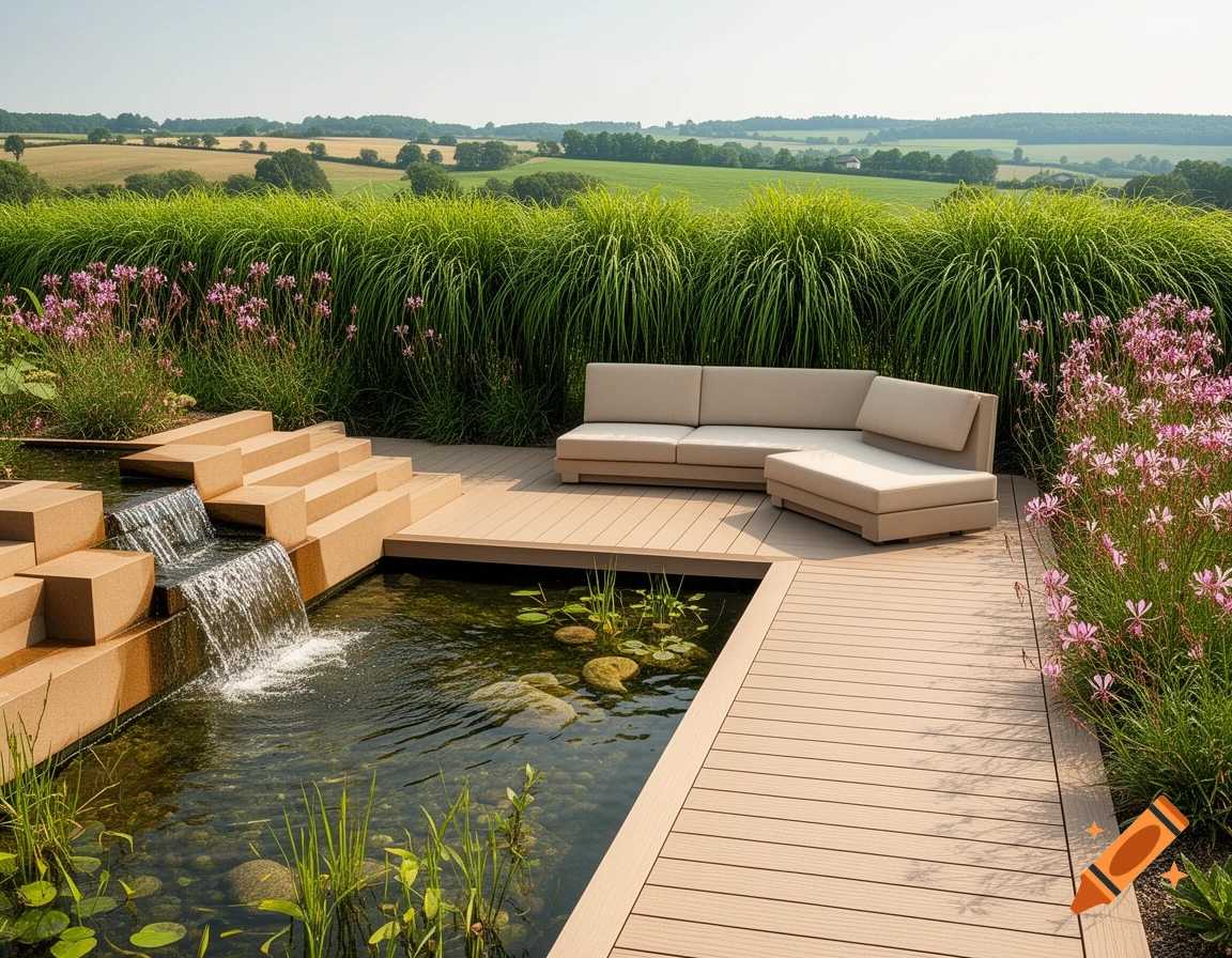 Photorealistic modern garden corner with a wooden deck, a pond with a small waterfall, and a sofa lounge against a scenic hill background.