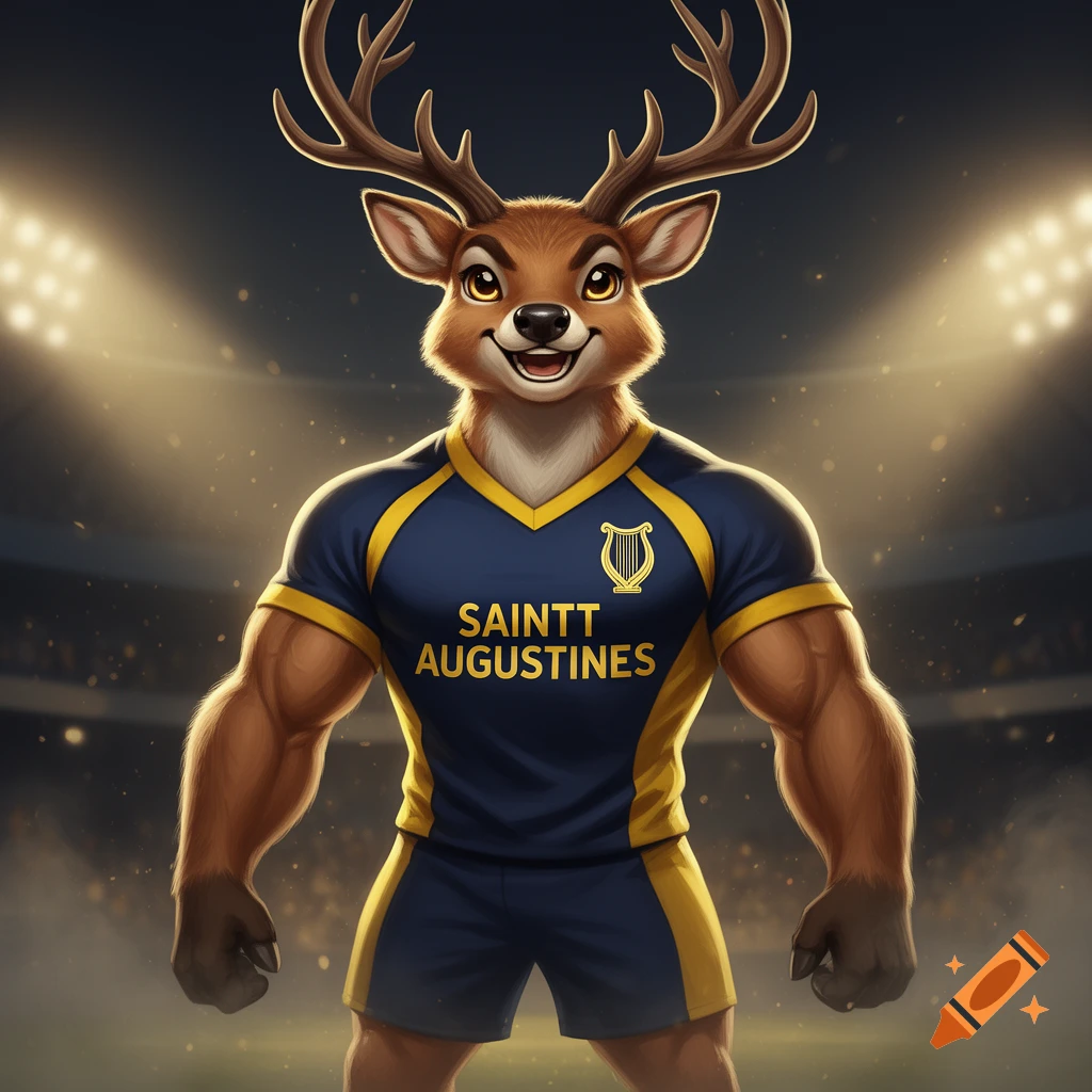 Digital illustration of a muscular, smiling deer mascot with antlers, wearing a blue and yellow jersey with text in a stadium.