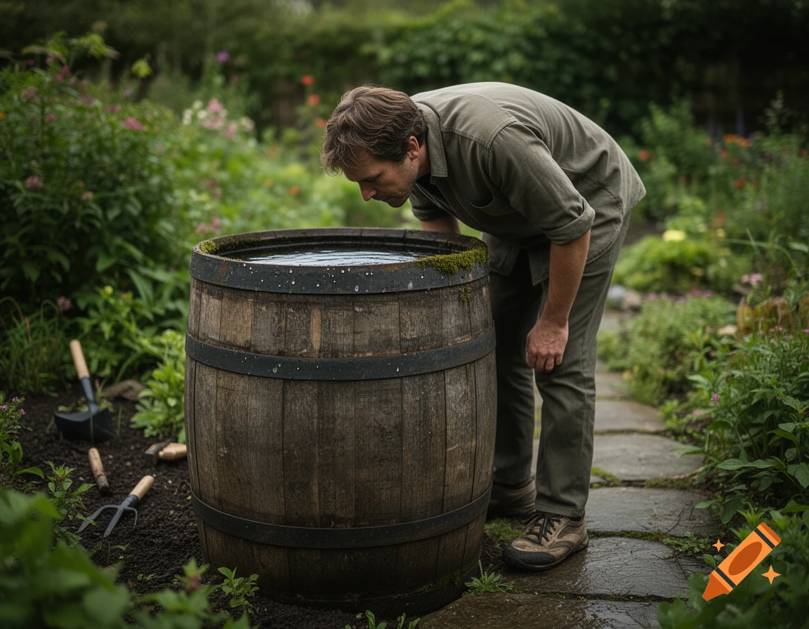 A man in a green shirt and pants leans over a wooden water barrel in a lush, green garden.