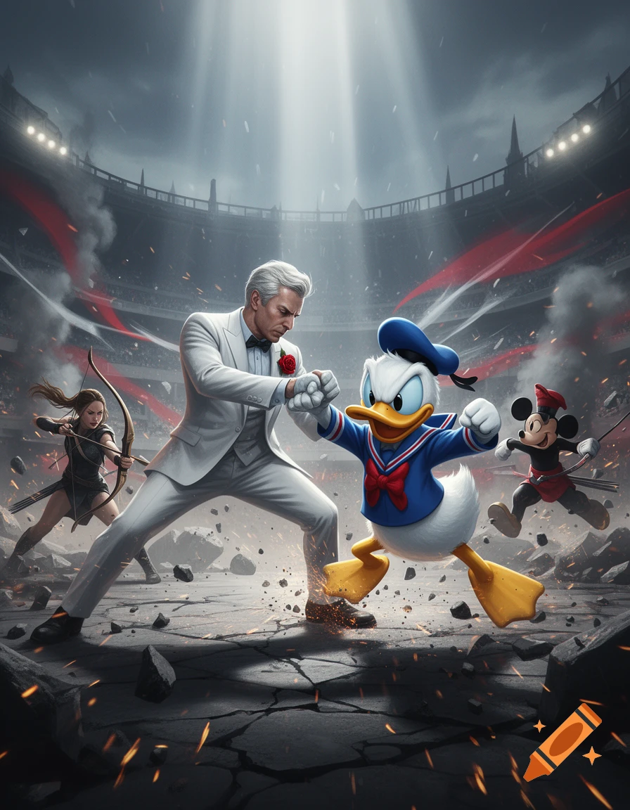 President Snow from The Hunger Games fighting Donald Duck in an arena while Katniss and Mickey Mouse fight in the background, cinematic digital art style.