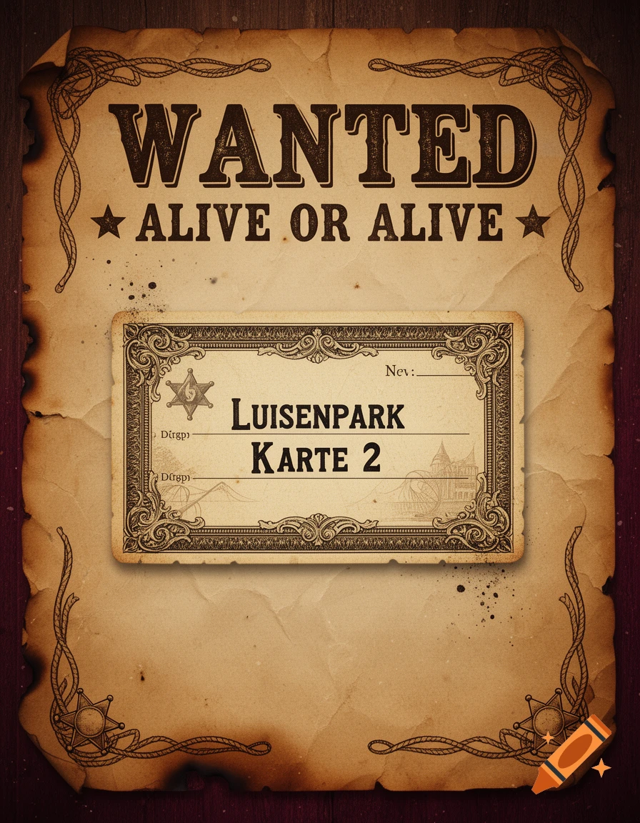 Vintage wanted poster with the text WANTED ALIVE OR ALIVE and a card reading Luisenpark Karte 2 in the center.