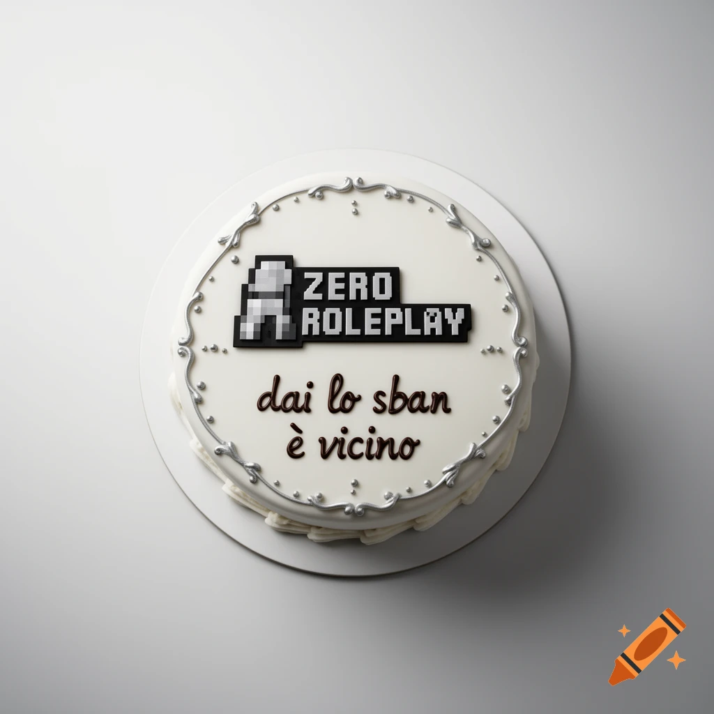 Top-down view of a white frosted cake with a Minecraft 'Zero Roleplay' logo and the text 'dai lo sban è vicino'.