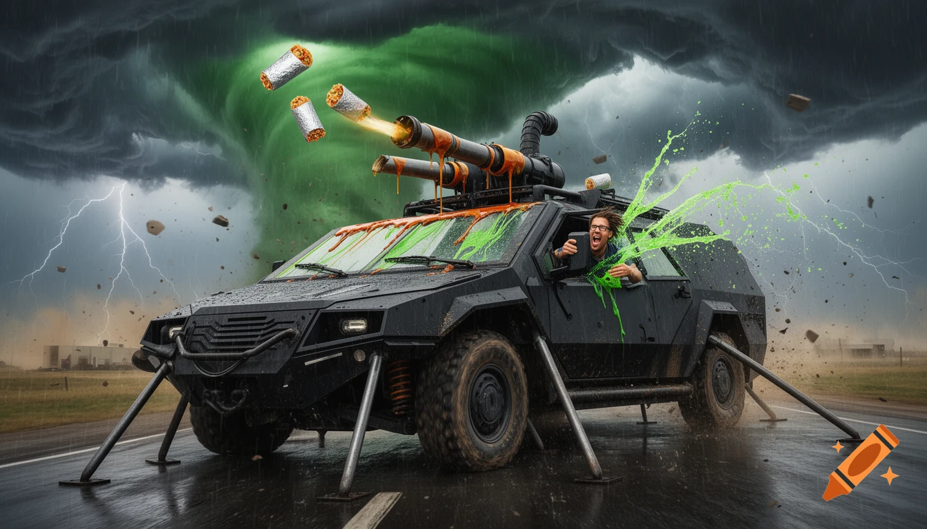 Armored tornado-chasing vehicle firing burritos into the air during a green storm with lightning, photorealistic movie poster style.