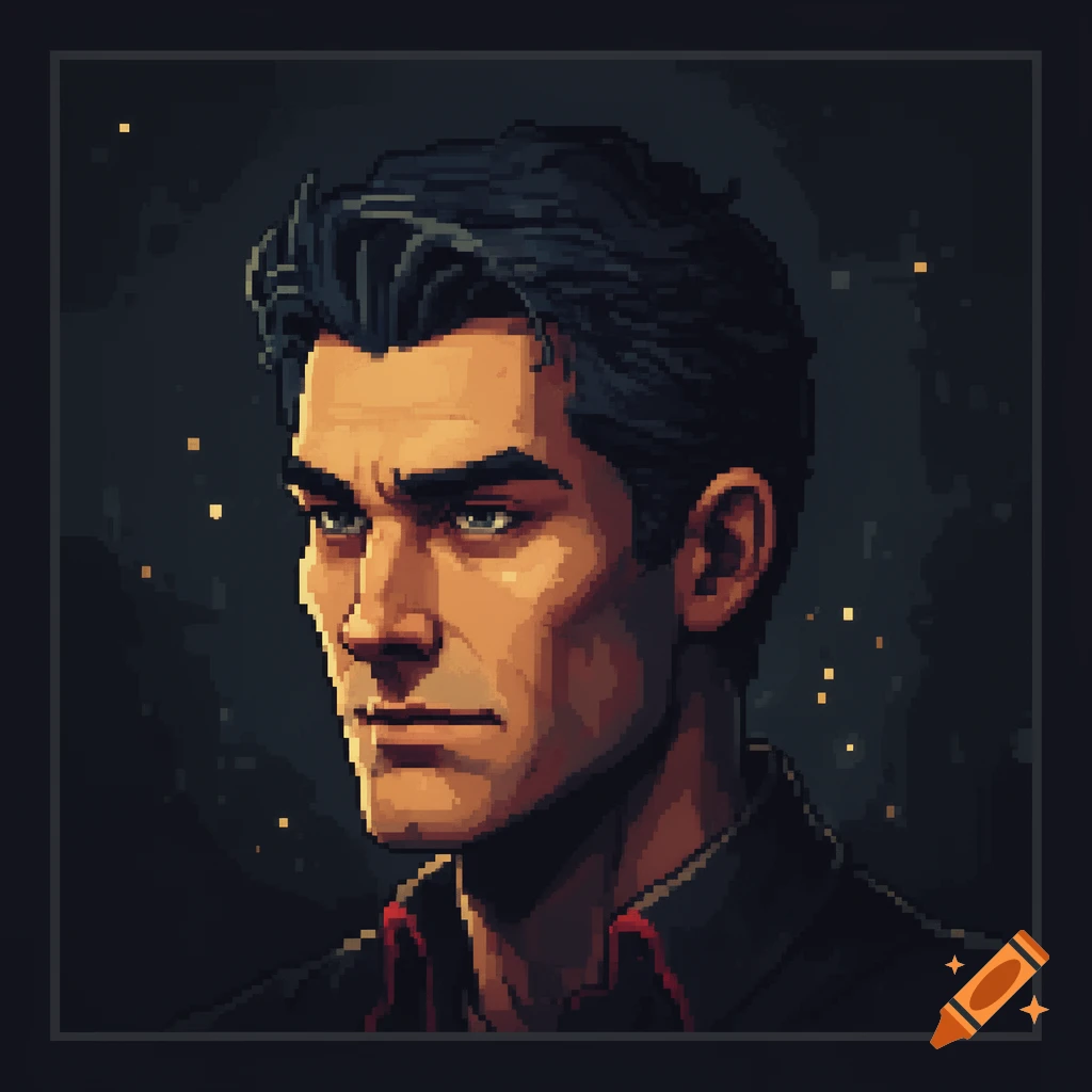 Pixel art portrait of a serious man with dark hair in profile view.