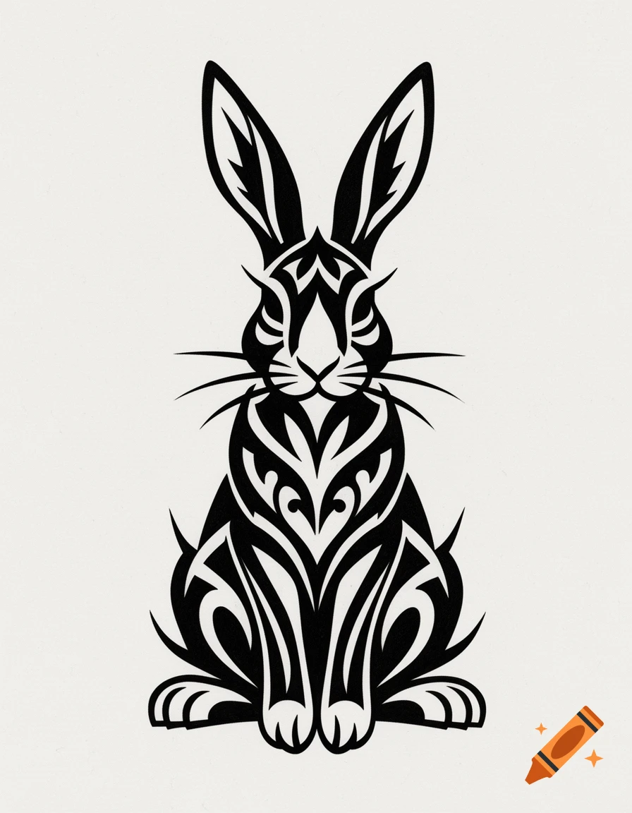 A black tribal-style rabbit tattoo design on a light background.
