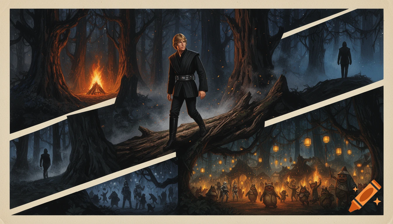 Cinematic 1980s space-opera movie poster illustration featuring Luke Skywalker walking through a dark forest on Endor.
