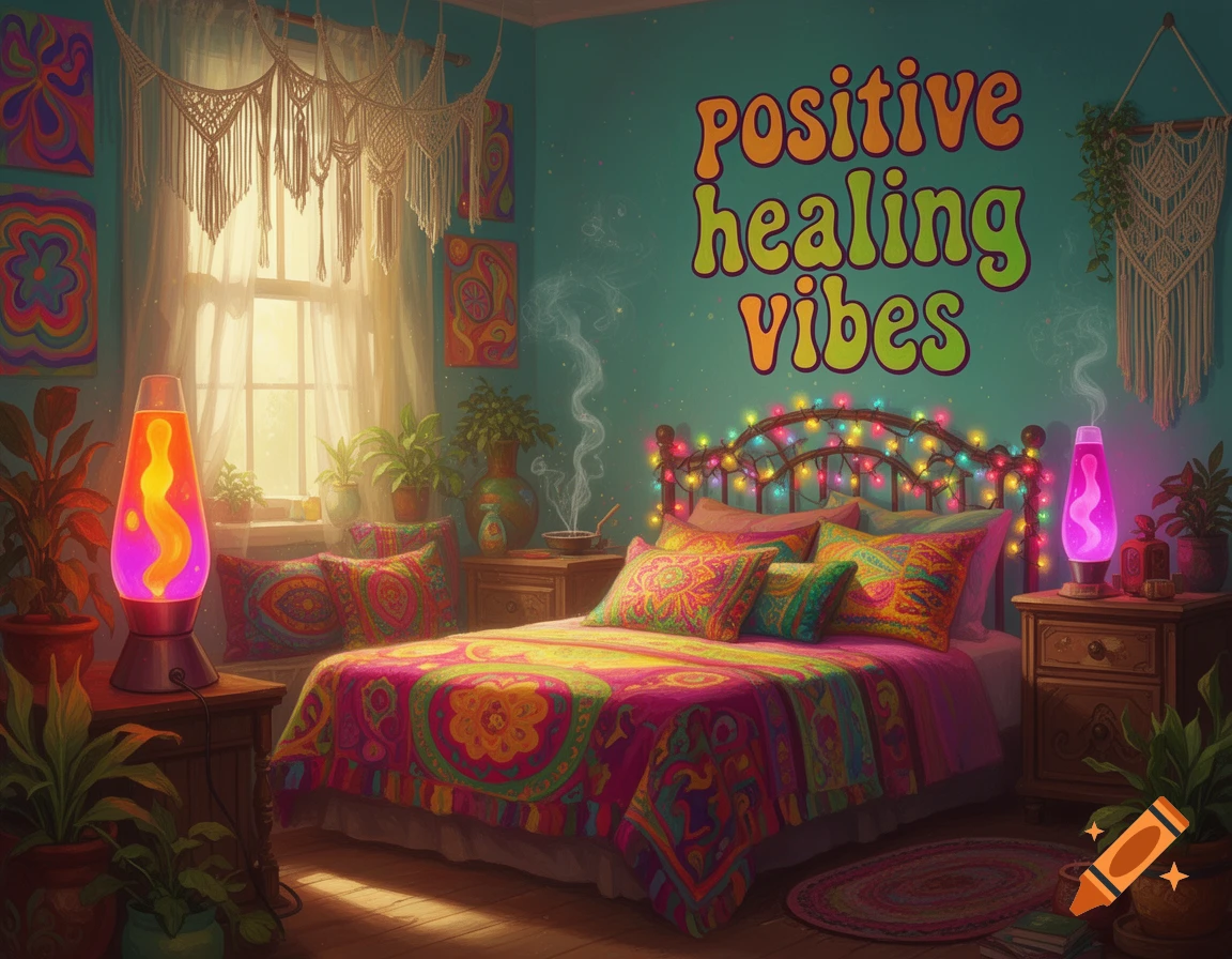 A colorful hippie-style bedroom with turquoise walls, lava lamps, fairy lights, and the text 'positive healing vibes'.