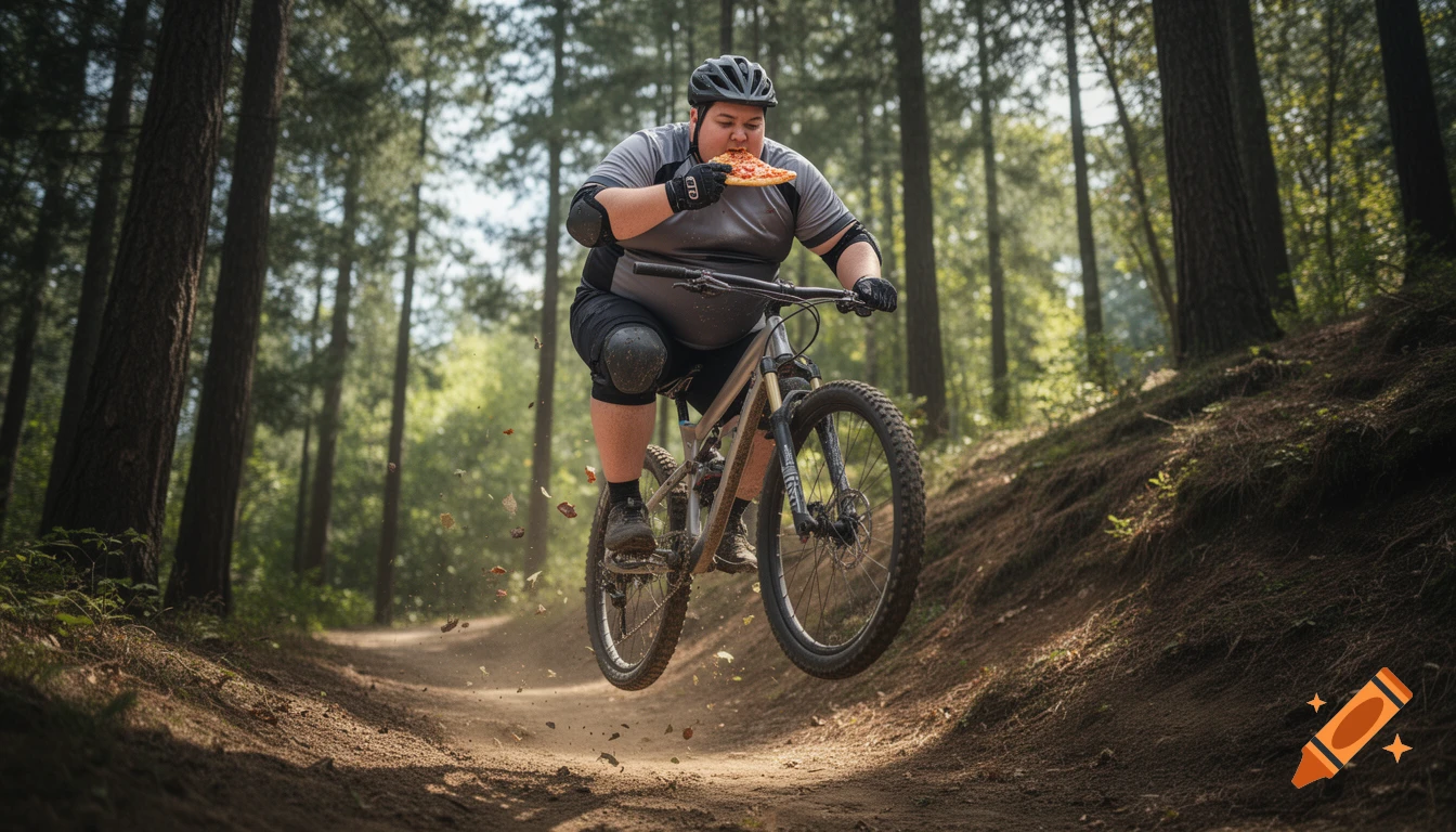 Photorealistic shot of an overweight cyclist mid-air on a mountain bike in a forest, eating a slice of pizza.