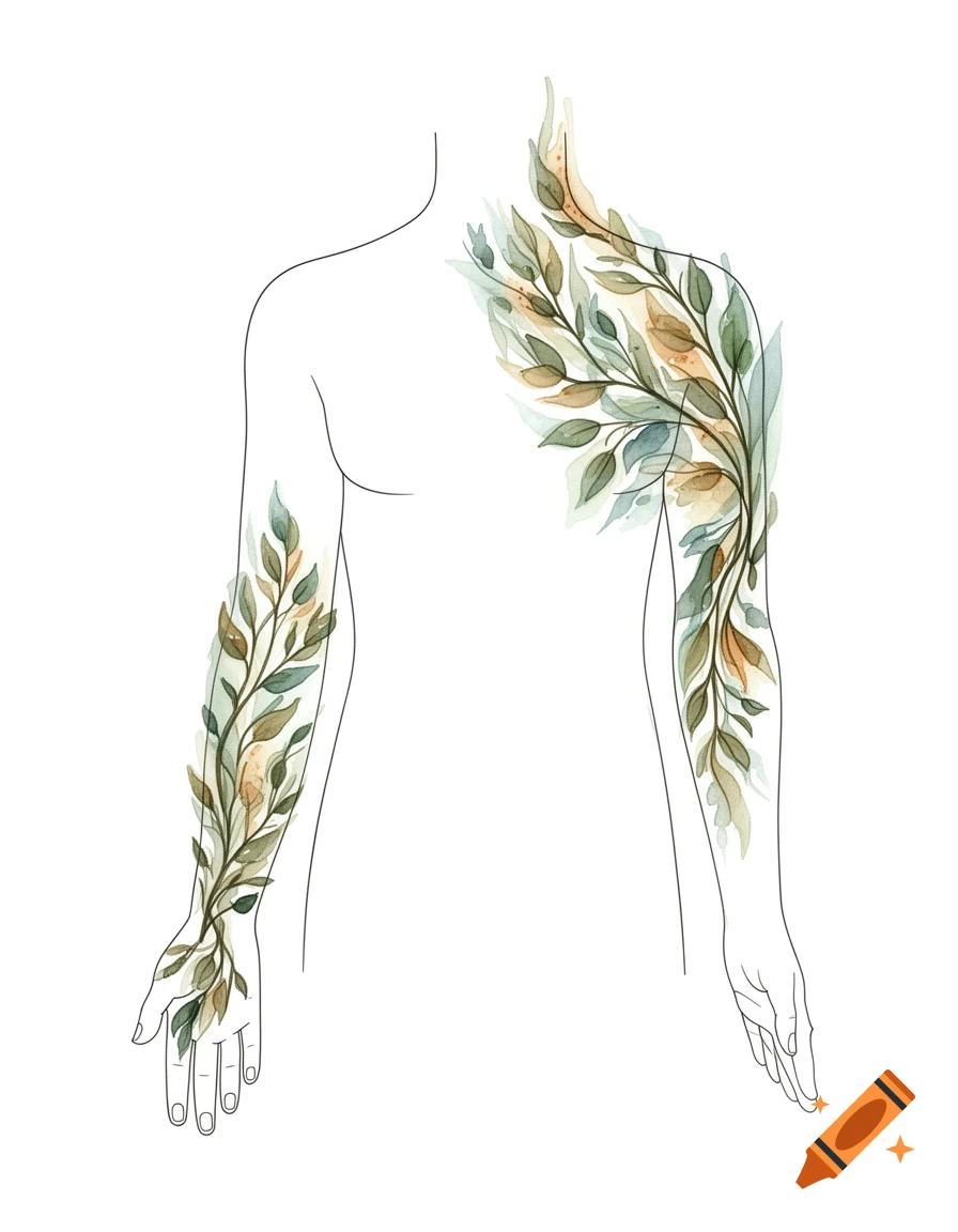Minimalist line drawing of a human upper body with watercolor leaf vines wrapping around the arm and shoulder.