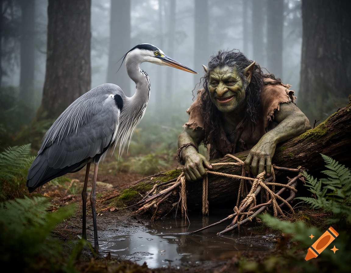 A photorealistic depiction of a grey heron standing near a muddy puddle in a misty forest, looking at a green troll hiding behind a mossy log with a rope trap.