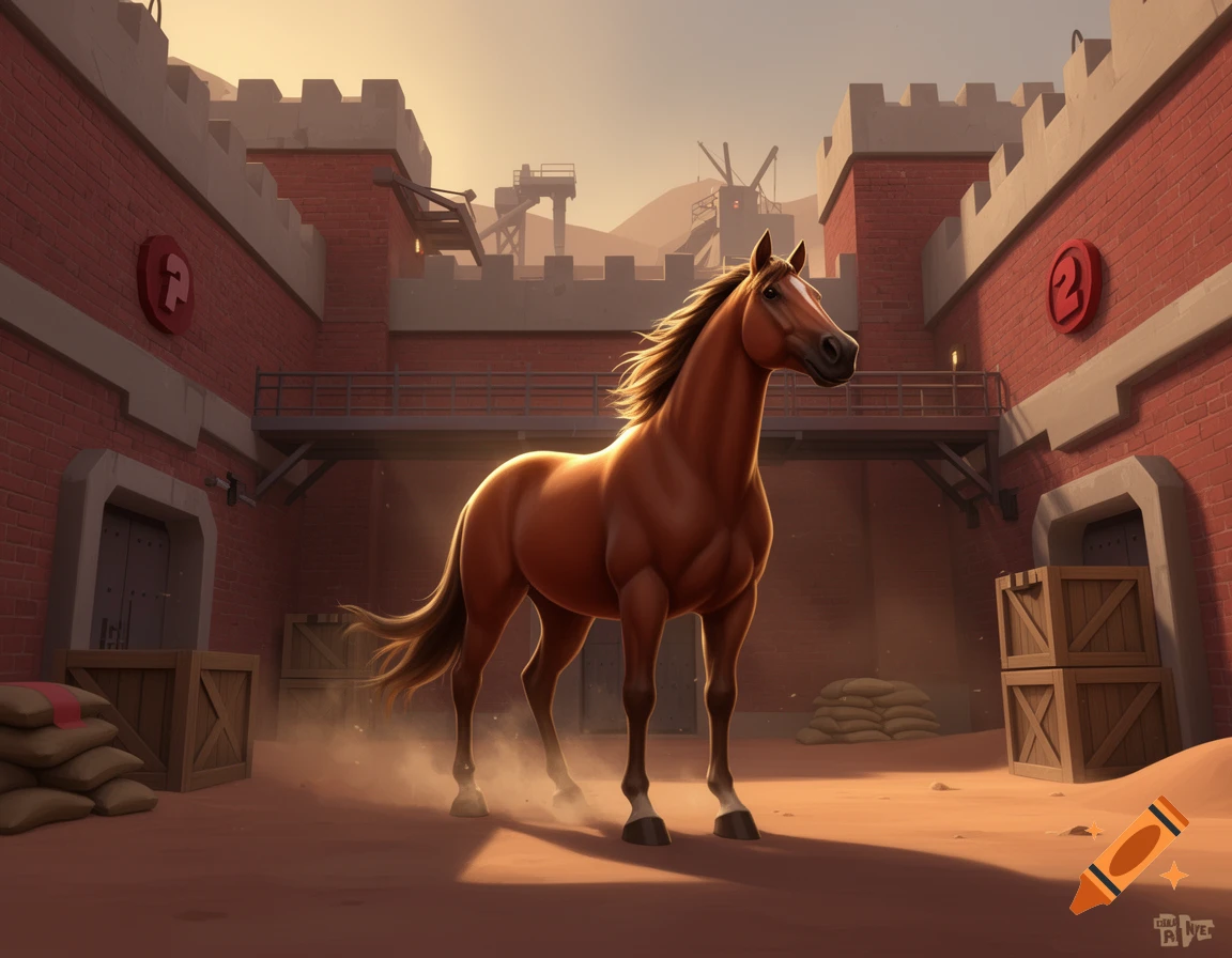 A brown horse standing in the courtyard of a Team Fortress 2 style 2fort map, with red team bases and dust.