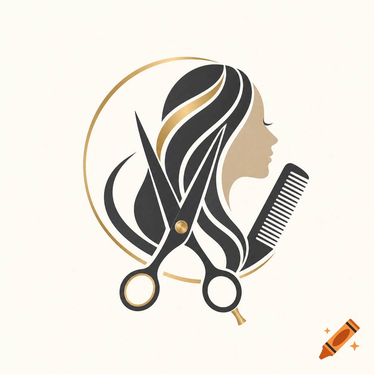 Minimalist logo of a profile of a woman with stylized hair, scissors, and a comb inside a golden circle on a cream background.
