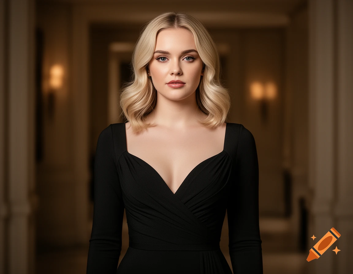 Photorealistic medium shot portrait of a blonde woman with soft waves, wearing a black long-sleeve dress in a hallway.