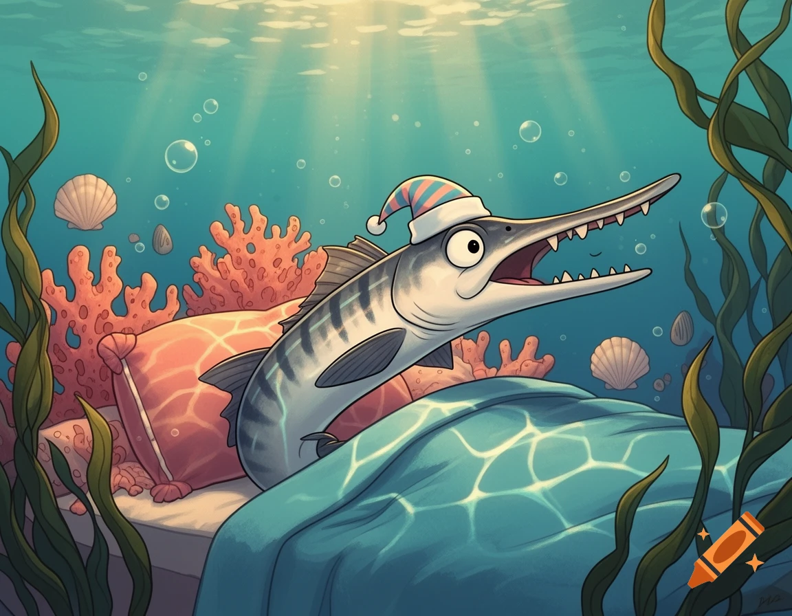 Digital illustration of a cartoon barracuda wearing a sleeping cap, waking up in a bed underwater among coral and kelp.