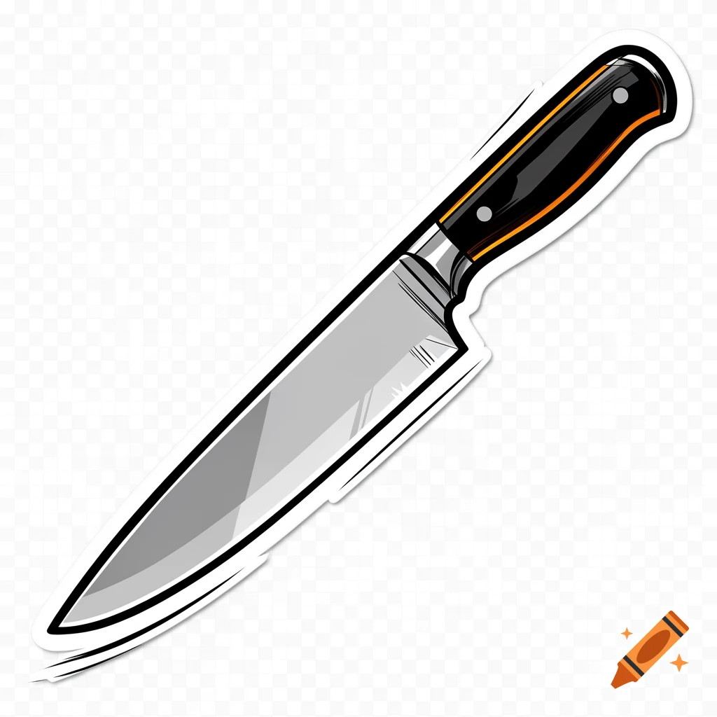 Comic style illustration of a kitchen knife with a black and orange handle on a transparent background.