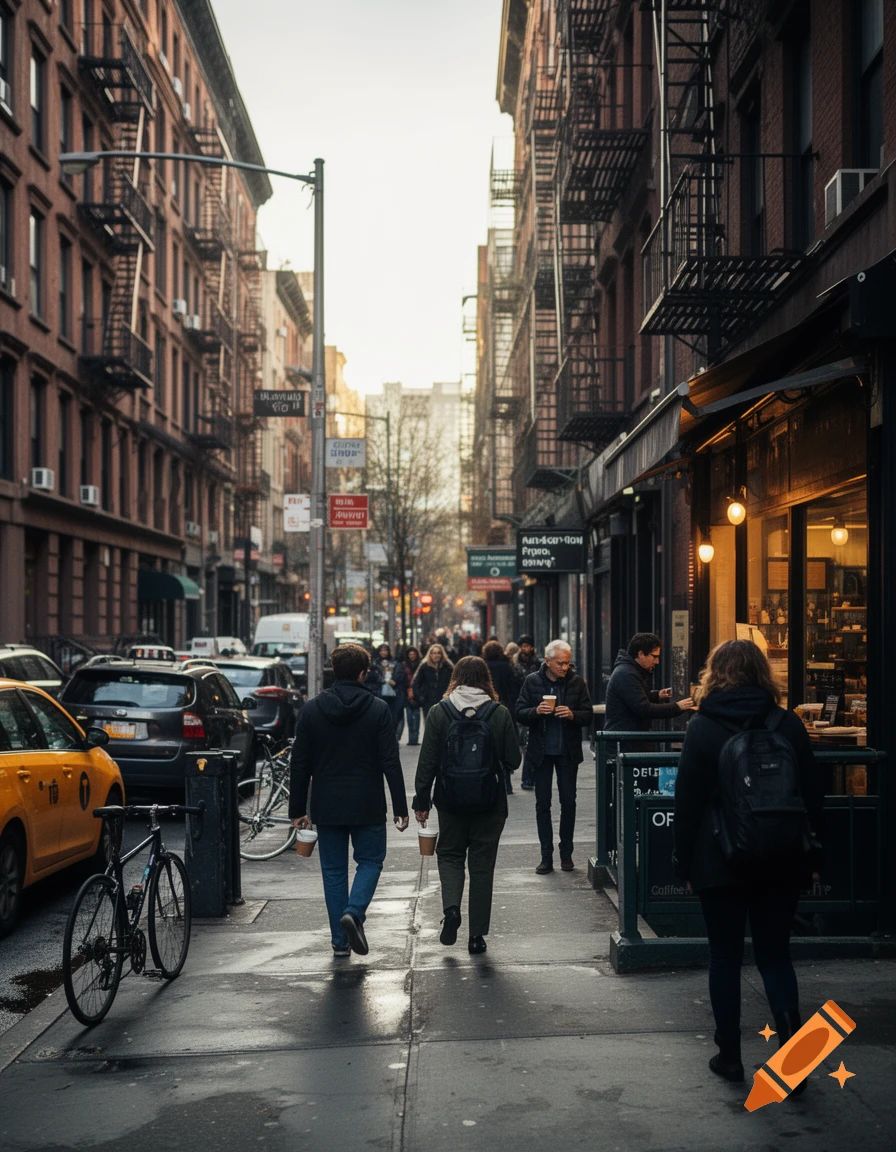 Photorealistic street view of a busy Brooklyn sidewalk with pedestrians walking past brick buildings and shops during daytime.