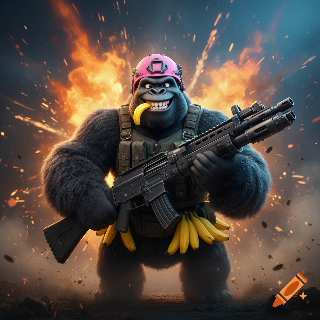 3D cartoon-style female gorilla warrior with pink helmet, tactical vest, and giant shotgun against an exploding background.